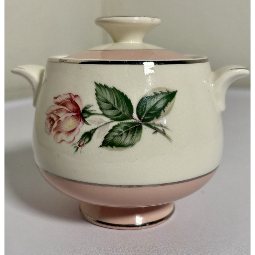 Vintage Homer Laughlin Cavalier Sugar Bowl with Lid Duberry Pink Rose Platinum - Picture 12 of 12